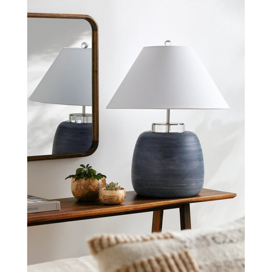 Deluxe - 498995 by Surya in body: gray, clear, shade: white, finial: clear, harp: metallic - nickel, cord: translucent and glazedtranslucenttranslucent. Made from body: porcelain, acrylic, shade (outside): linen, shade (inside)