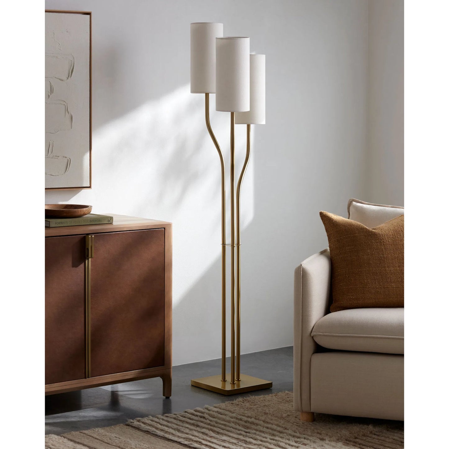 002 SI-2380098 | Lifestyle | Dudley Accent Floor Lamp by Surya in metallic brass, white, translucent. Made from iron, linen, polyester in a modern style.