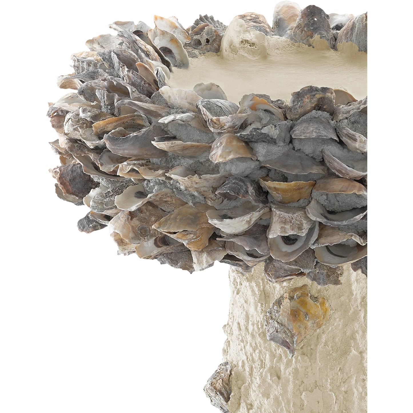 009 S-336247 | Closeup | Oyster Shell Bird Bath by Currey and Company. Made from oyster shells, concrete, iron in a eclectic & global style.