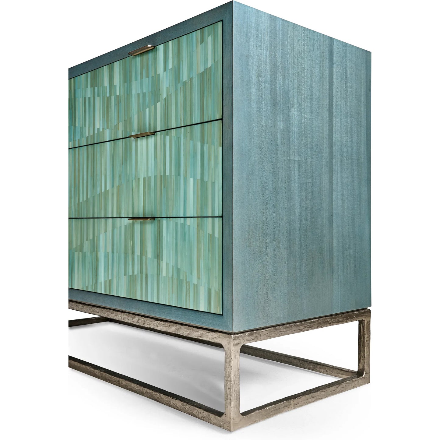 011 SI-2252660 | Closeup | Seaglass Bunching Chest by Jonathan Charles in blue and blue straw. Made from koto veneer, stainless steel, straw in a eclectic & global style.