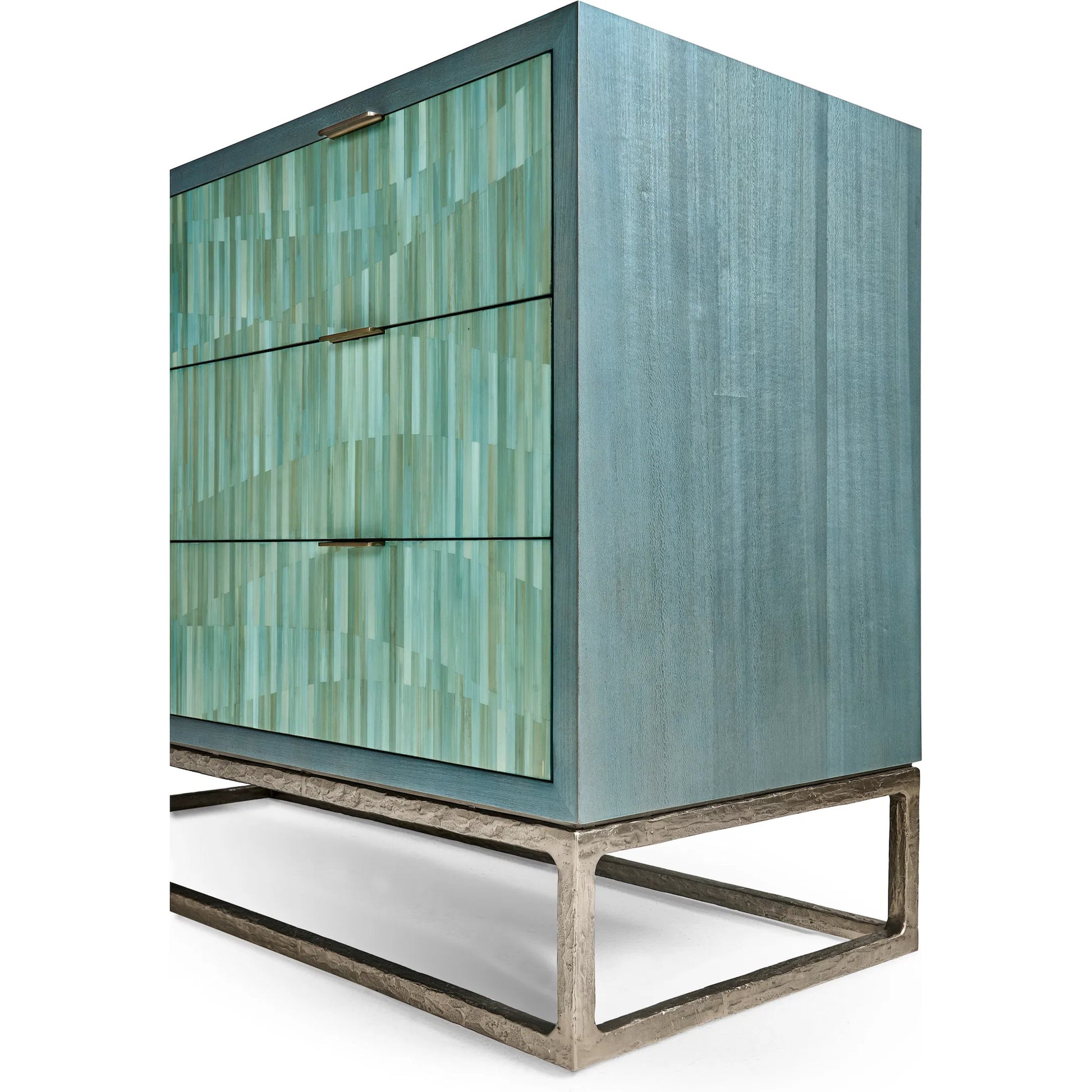 Seaglass Bunching Chest by Jonathan Charles in blue and blue straw. Made from koto veneer, stainless steel, straw in a eclectic & global style.