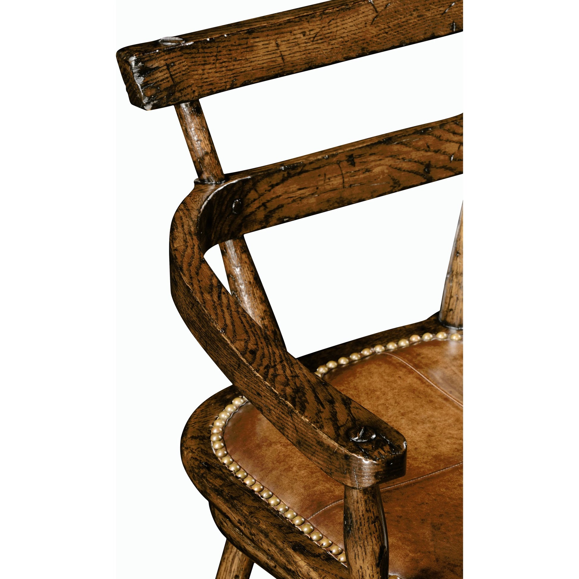 Casual Accents Tudor Oak Studded Leather Bar Stool by Jonathan Charles in brown and dark brown tudor oak. Made from oak in a rustic style.