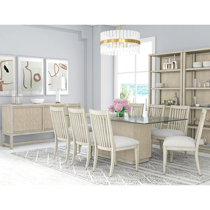 Cotiere Etagere by A.R.T. Furniture in beige and linen. Made from parawood solids, mixed split cathedral and quarter-white oak veneers, fabric, glass in a modern style.