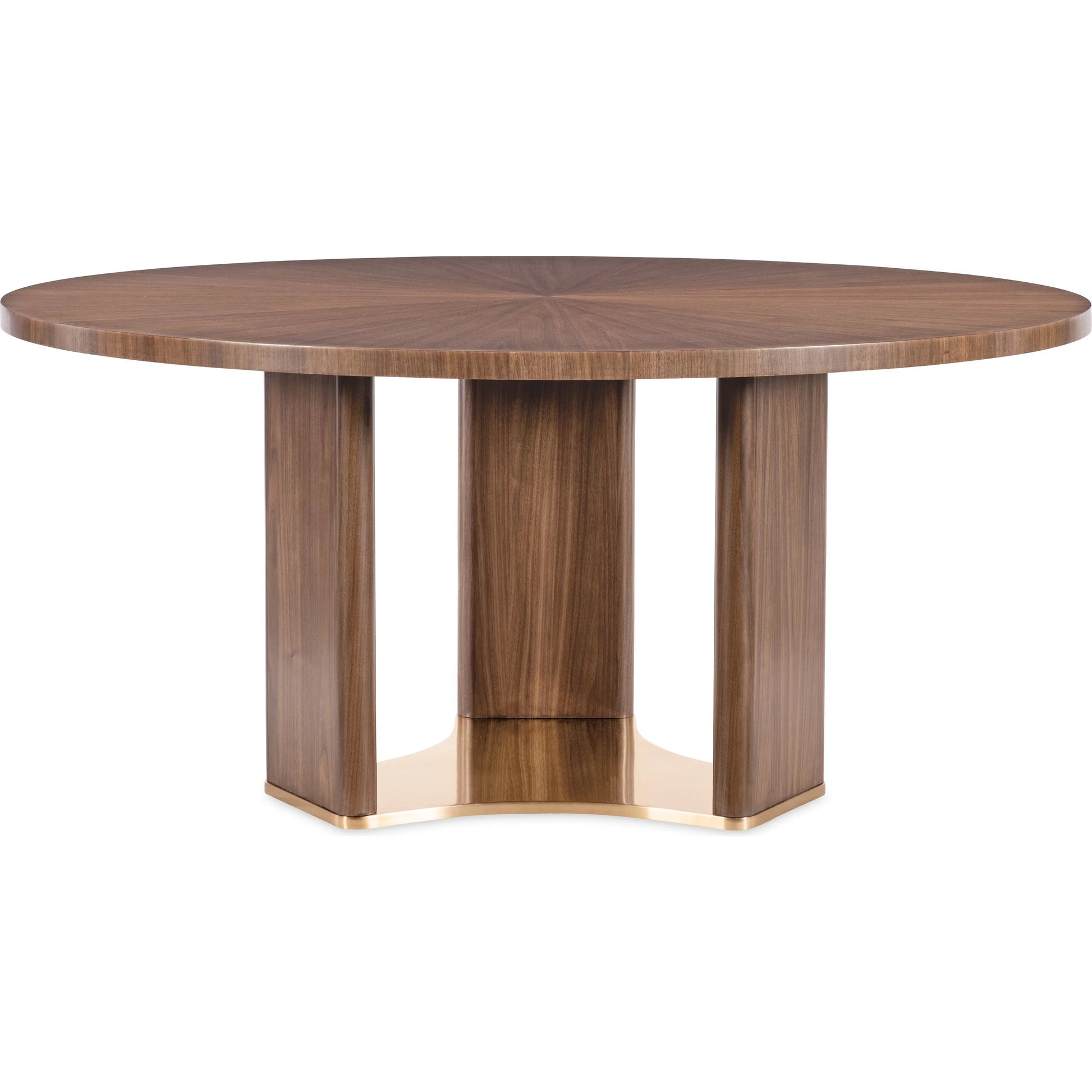 Eleana Round Dining Table by Hooker Furniture in light caramel, sunlit bronze metal. Made from walnut veneers, metal in a modern style.