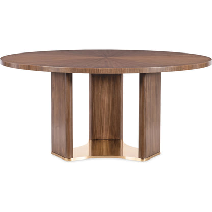 Eleana Round Dining Table by Hooker Furniture in light caramel, sunlit bronze metal. Made from walnut veneers, metal in a modern style.