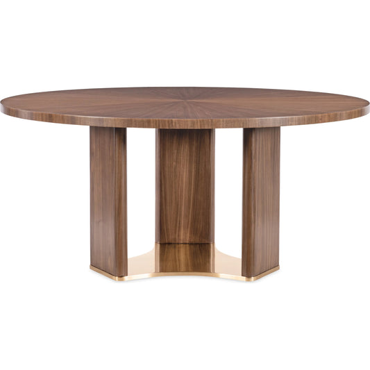 Eleana Round Dining Table by Hooker Furniture in light caramel, sunlit bronze metal. Made from walnut veneers, metal in a modern style.