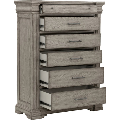 Madison Ridge-Drawer Chest by Pulaski Furniture in bluff grey. Made from asian hardwood, oak veneers in a traditional style.