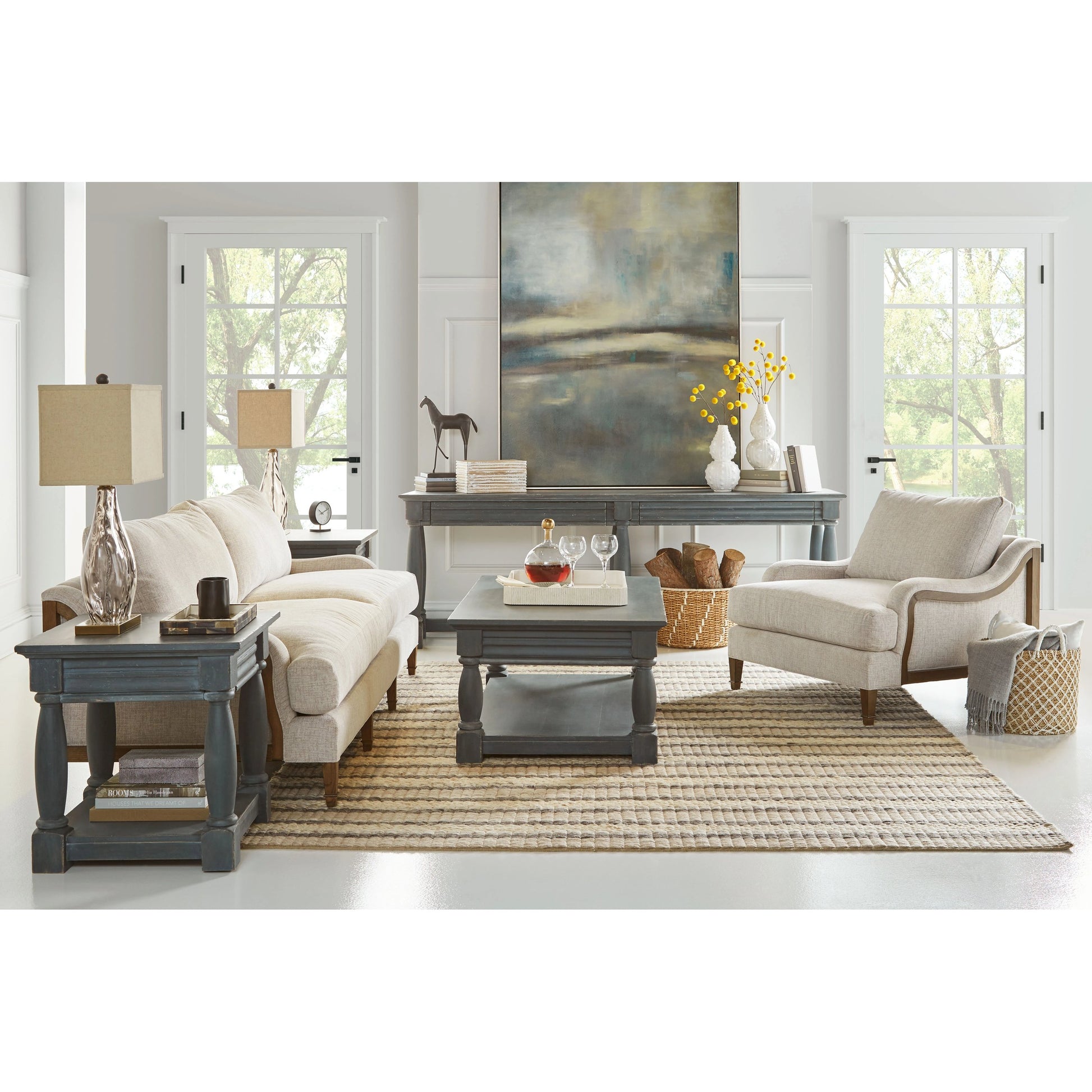 Alcove Console Table by A.R.T. Furniture in slate blue. Made from acacia solids, maple veneers in a transitional style.