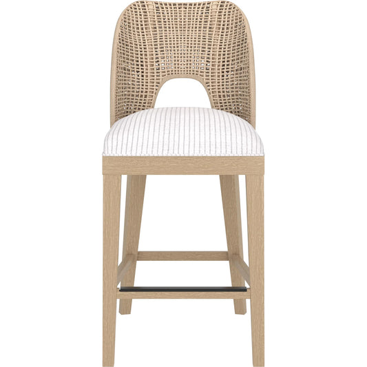 Frame Counter Stool by A.R.T. Furniture in chestnut. Made from ash, poplar solid, plank-effect flakey, quarter-sawn oak veneer, cane, foam, fabric in a unique style.