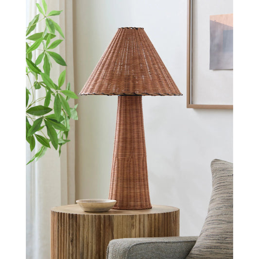 Dunehaven Accent Table Lamp by Livabliss in brown and natural. Made from rattan in a unique style.