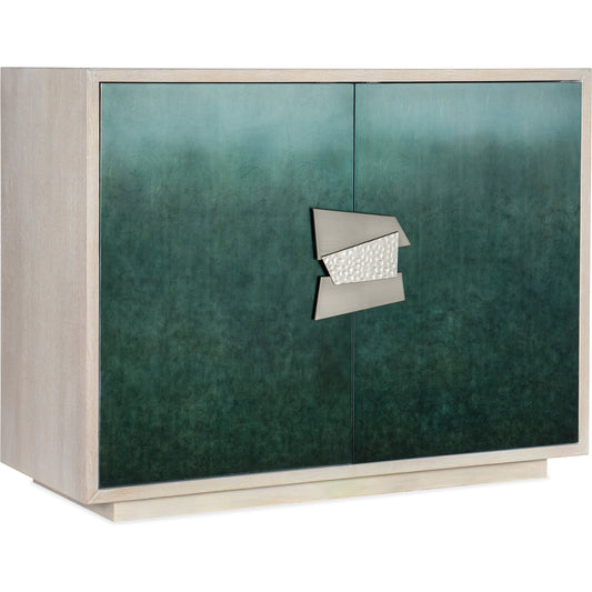 Melange Natalee Two Door Chest by Hooker Furniture in cerused white oak, green ombre leaf. Made from oak veneers with silver leaf in a modern style.