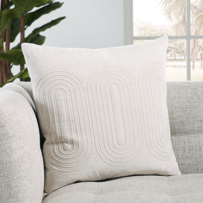 Deco by Nikki Chu DOC01 Pillow by Jaipur Living in ivory, gold. Made from 100% cotton in a modern style.