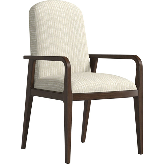 Verge Upholstered Arm Chair by A.R.T. Furniture in beige and handcrated walnut. Made from parawood solids in a unique style.