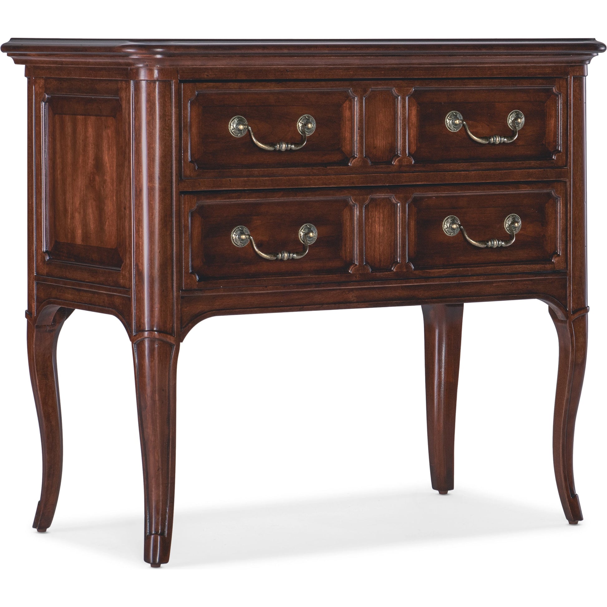 Charleston Two-Drawer Nightstand by Hooker Furniture in black cherry. Made from cherry veneers with solid-wood edge top in a transitional style.