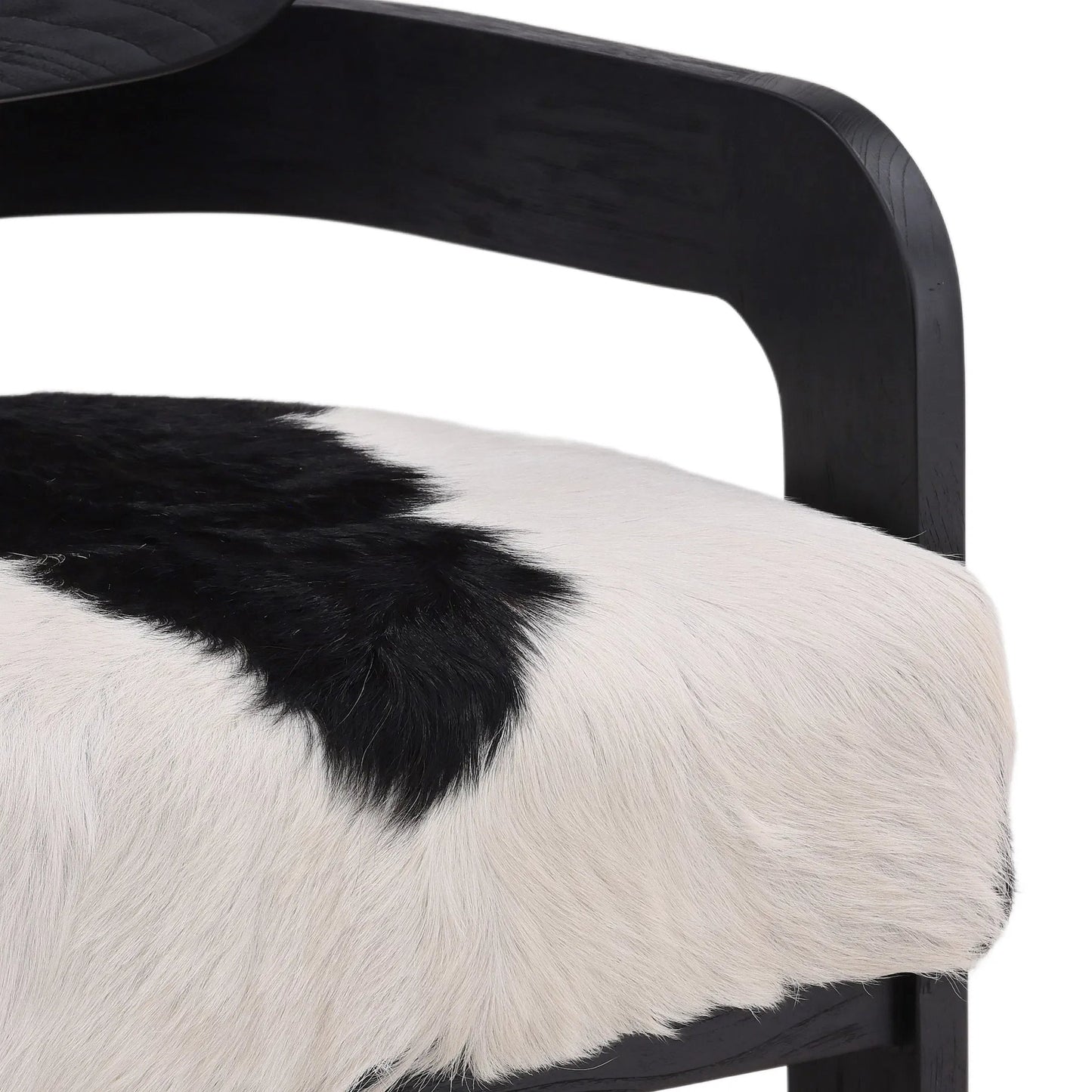 005 SI-2350455 | Closeup | Raphael Occasional Chair by Arch & Plane in black, white. Made from goat hide, teak wood in a cottage & farmhouse style.
