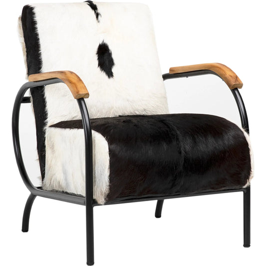 Ebony Occasional Chair by Arch & Plane in natural black, white. Made from genuine goat hide with iron frame, teakwood armrests in a cottage & farmhouse style.