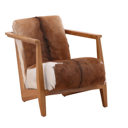 Naela Occasional Chair by Arch & Plane. Made from teak wood frame, white goat hide in a unique style.