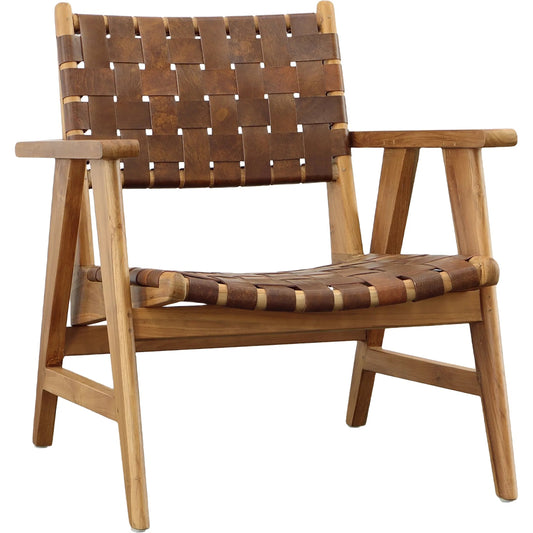 Sutri Occasional Chair by Arch & Plane in natural finish with brown leather. Made from teak wood, full grain leather in a unique style.