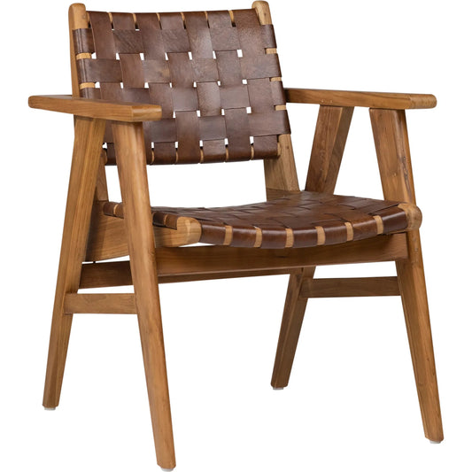 Sutri Dining Chair by Arch & Plane in natural finish with brown leather. Made from teak wood, full grain leather in a traditional style.