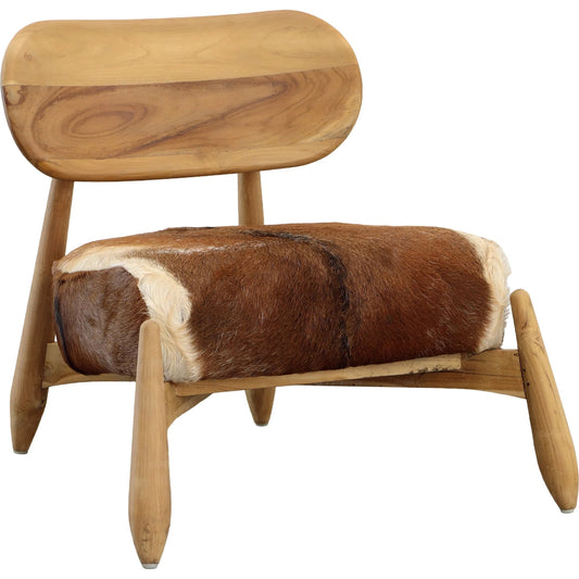 Guleen Occasional Chair by Arch & Plane in brown, white hide, natural wood. Made from teak wood, goat hide seat in a cottage & farmhouse style.