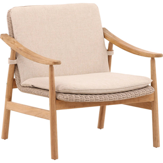 Wembley Outdoor Occasional Chair by Arch & Plane in beige, natural. Made from outdoor performance linen, twisted synthetic wicker, teak wood in a unique style.