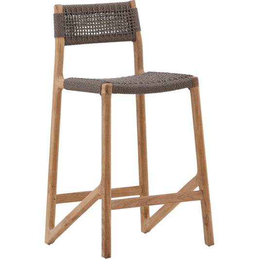 Ysidro Outdoor Counter Stool by Arch & Plane in grey, natural. Made from braided synthetic wicker, teak wood in a unique style.