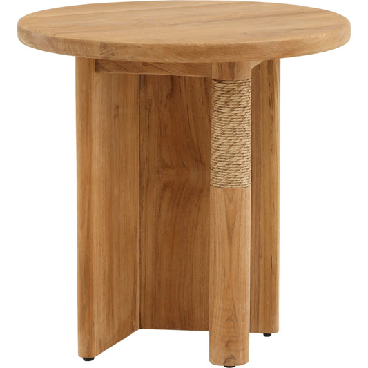 Phaedra Outdoor Side Table by Arch & Plane in natural. Made from teak wood, twisted synthetic wicker in a unique style.