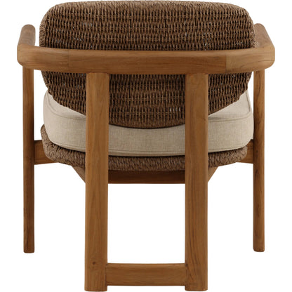 Isiah Outdoor Occasional Chair by Arch & Plane in light brown. Made from olefin, twisted synthetic wicker, aluminum, teak wood in a unique style.