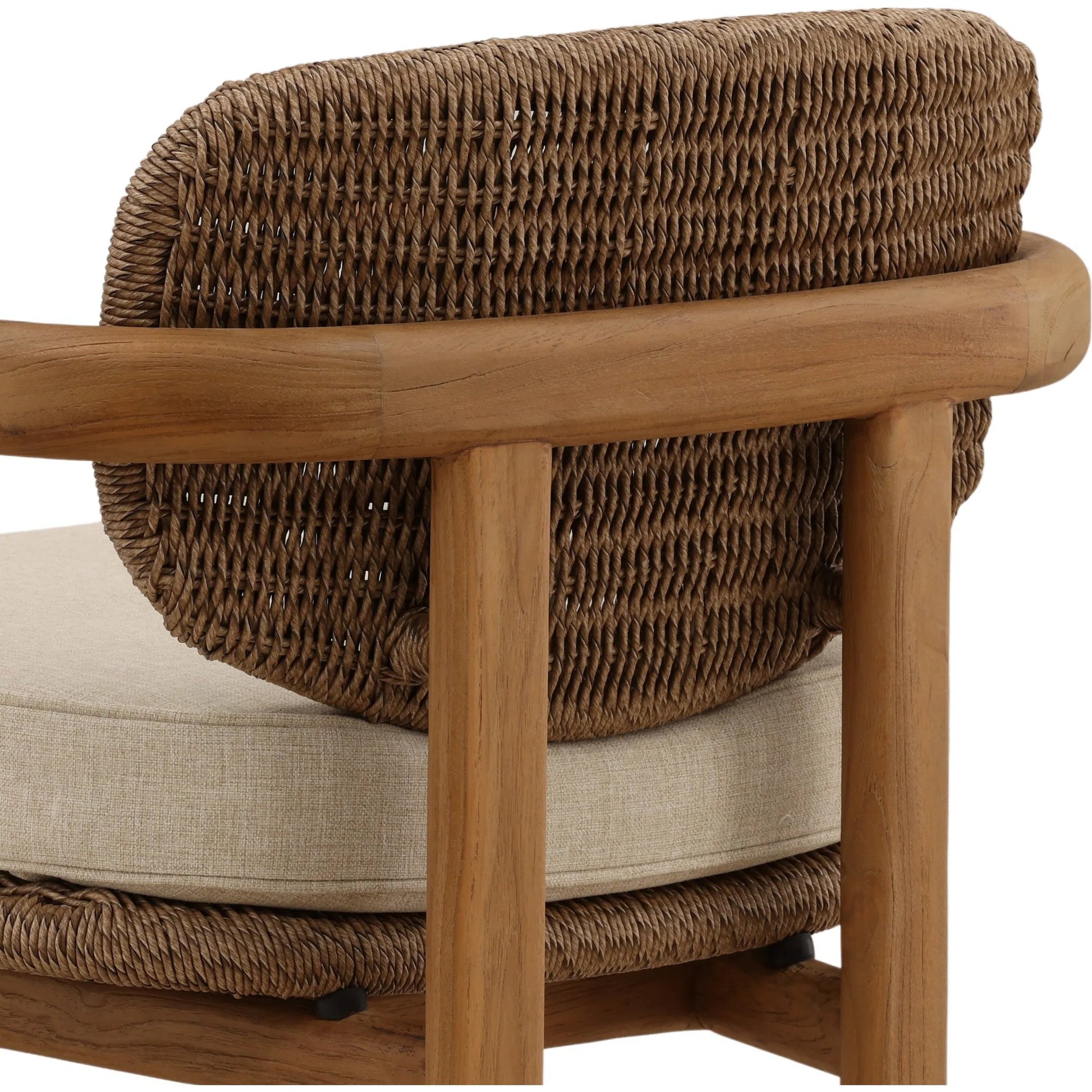 Isiah Outdoor Occasional Chair by Arch & Plane in light brown. Made from olefin, twisted synthetic wicker, aluminum, teak wood in a unique style.