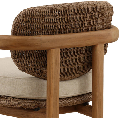 Isiah Outdoor Occasional Chair by Arch & Plane in light brown. Made from olefin, twisted synthetic wicker, aluminum, teak wood in a unique style.