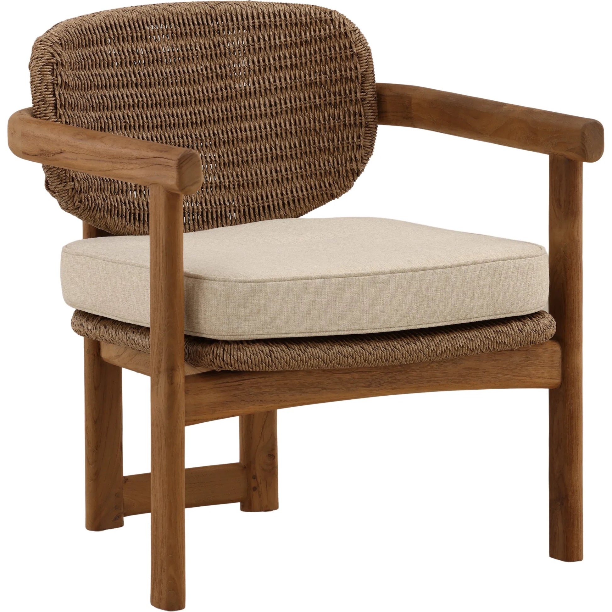 Isiah Outdoor Occasional Chair by Arch & Plane in light brown. Made from olefin, twisted synthetic wicker, aluminum, teak wood in a unique style.