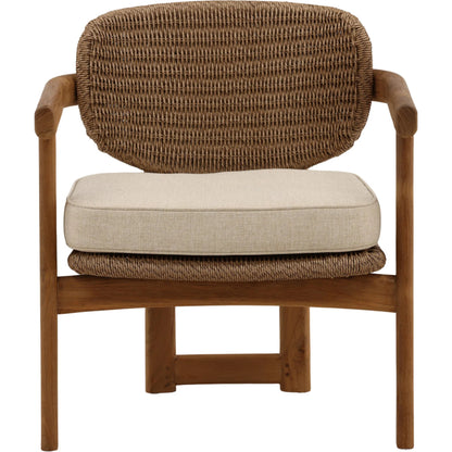 Isiah Outdoor Occasional Chair by Arch & Plane in light brown. Made from olefin, twisted synthetic wicker, aluminum, teak wood in a unique style.