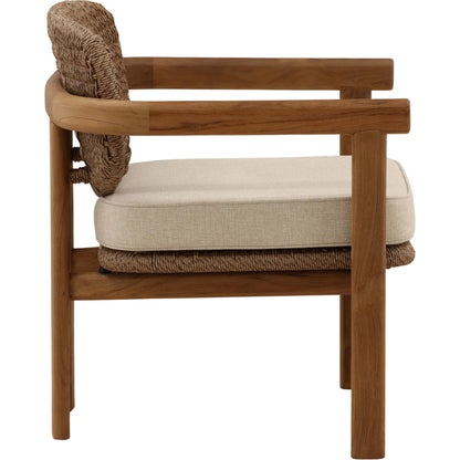 Isiah Outdoor Occasional Chair by Arch & Plane in light brown. Made from olefin, twisted synthetic wicker, aluminum, teak wood in a unique style.