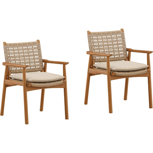 Garold Outdoor Dining Chair (Set of 2) by Arch & Plane in sand, light natural, natural. Made from olefin fabric, twisted synthetic wicker, teak wood in a unique style.