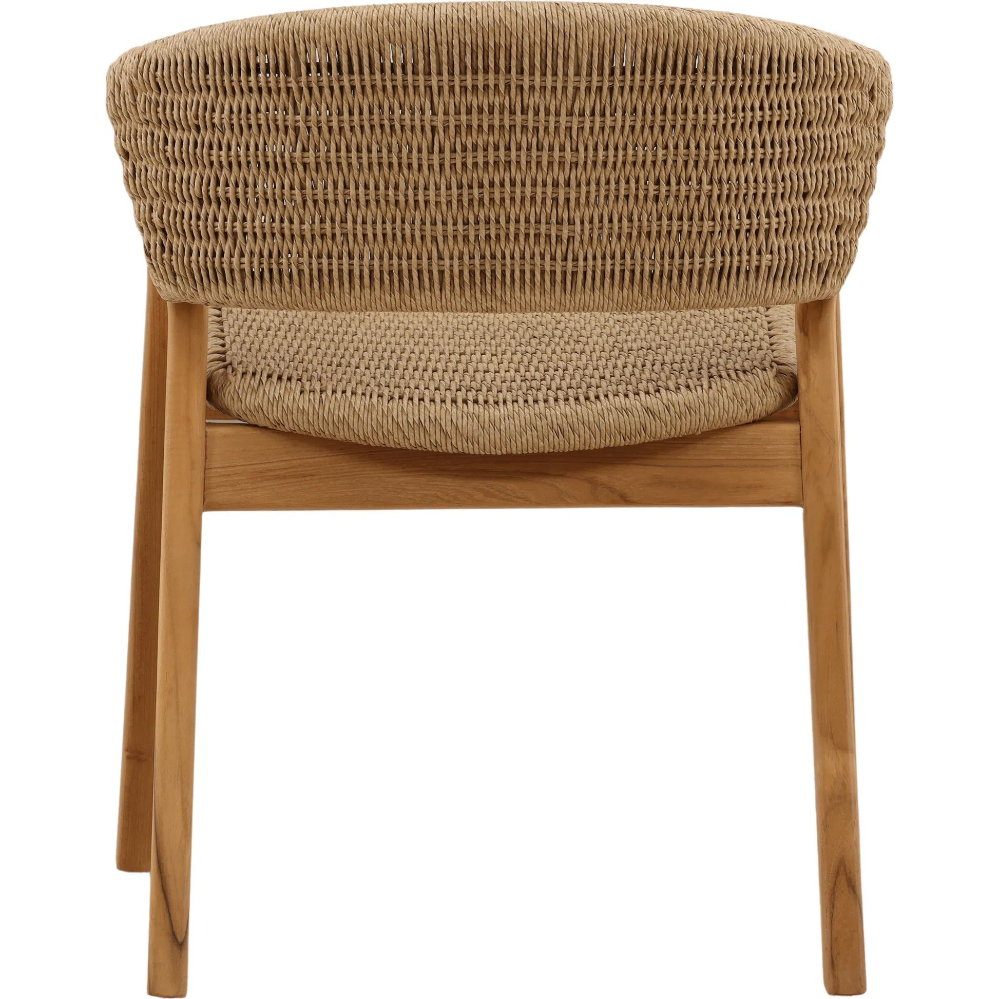Kalvin Outdoor Dining Chair by Arch & Plane in natural. Made from twisted synthetic wicker, aluminum, teak wood in a unique style.