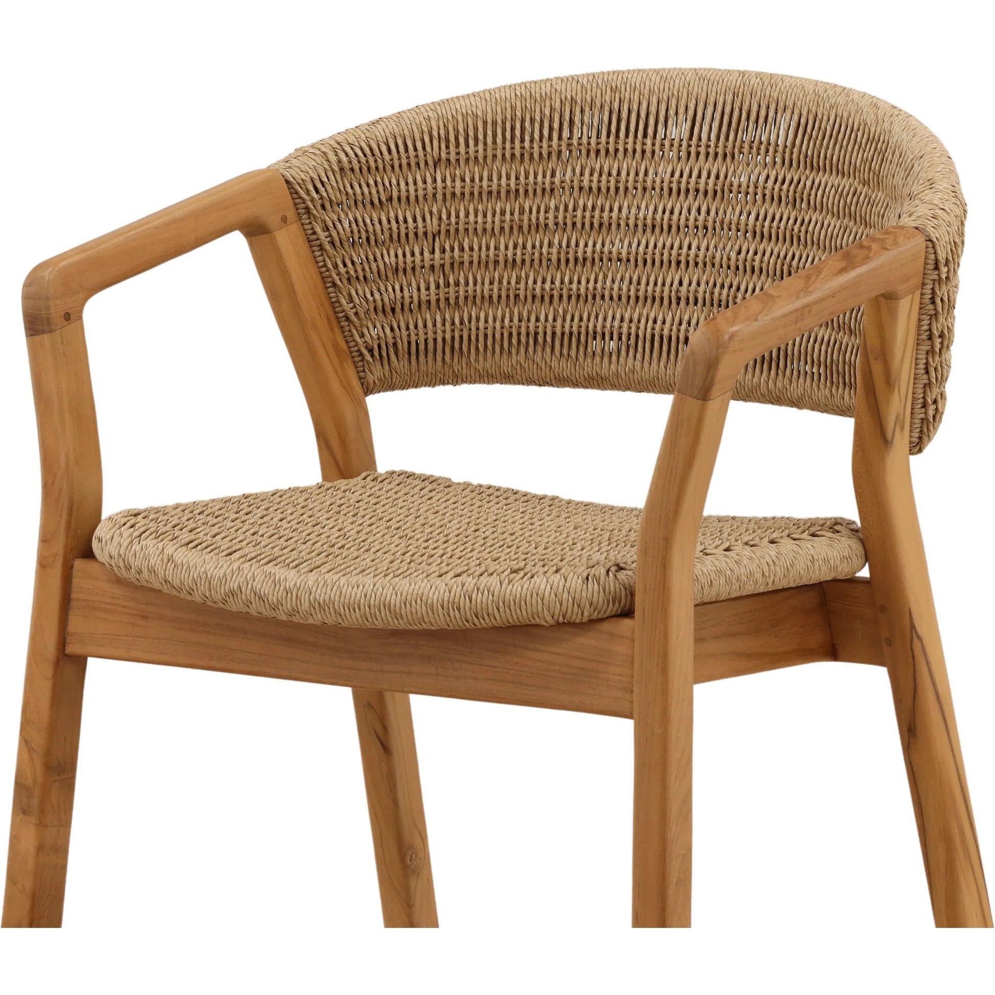 Kalvin Outdoor Dining Chair by Arch & Plane in natural. Made from twisted synthetic wicker, aluminum, teak wood in a unique style.