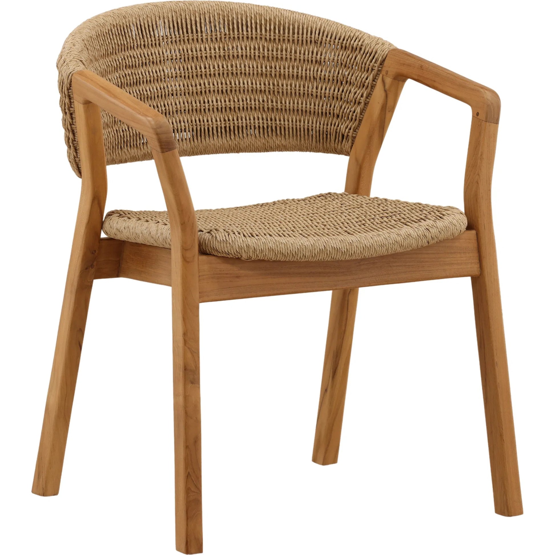Kalvin Outdoor Dining Chair by Arch & Plane in natural. Made from twisted synthetic wicker, aluminum, teak wood in a unique style.