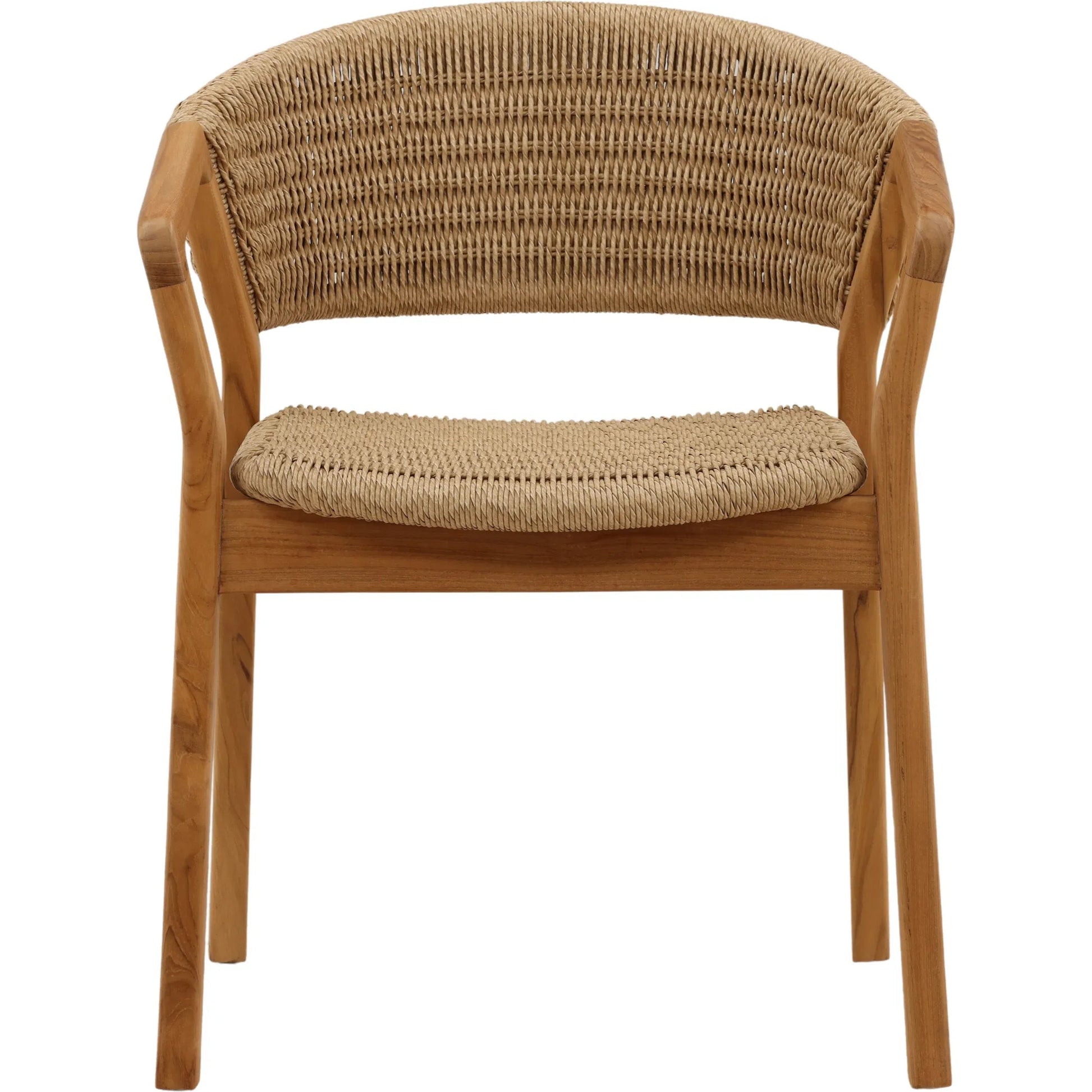 Kalvin Outdoor Dining Chair by Arch & Plane in natural. Made from twisted synthetic wicker, aluminum, teak wood in a unique style.