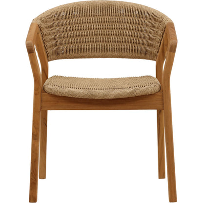 Kalvin Outdoor Dining Chair by Arch & Plane in natural. Made from twisted synthetic wicker, aluminum, teak wood in a unique style.