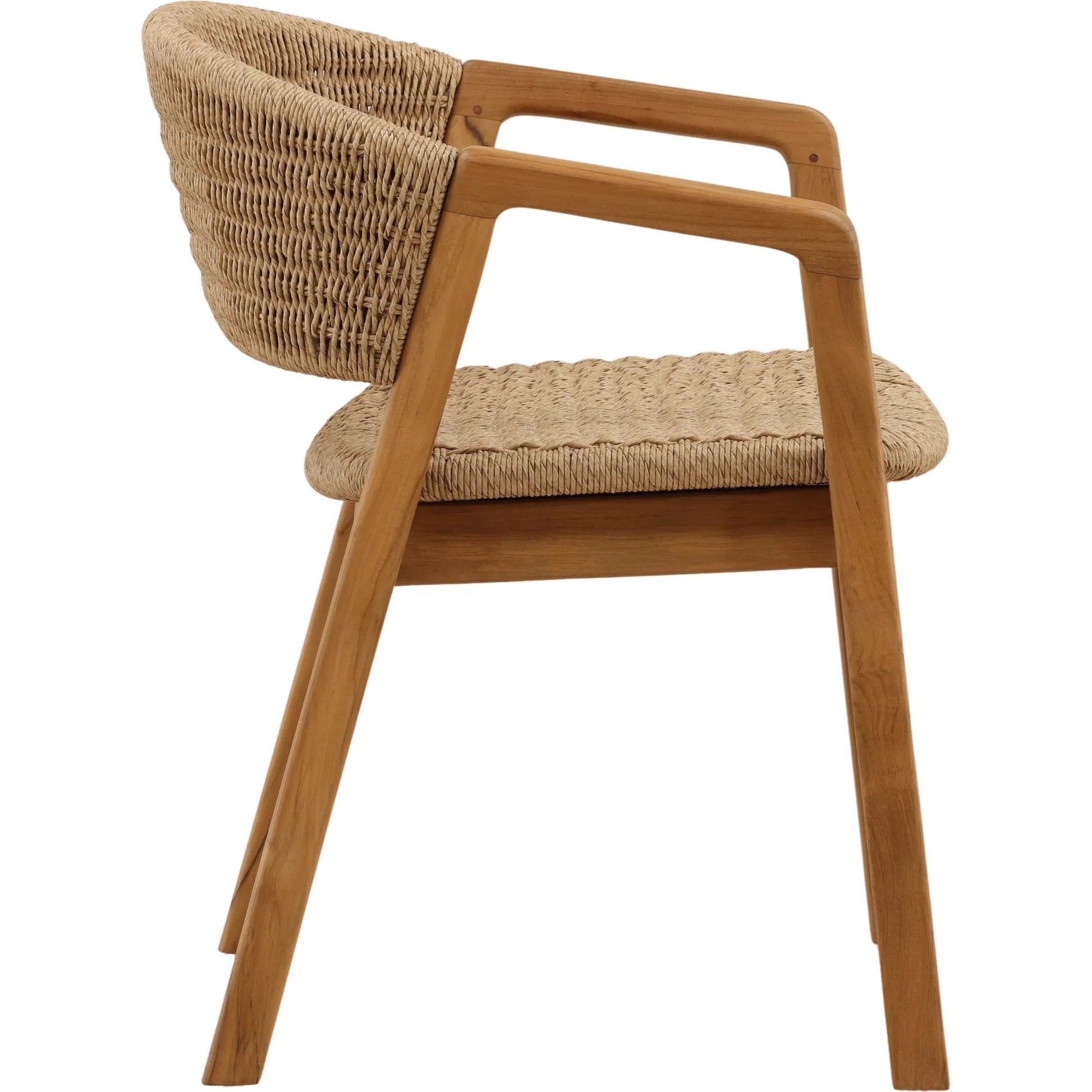 Kalvin Outdoor Dining Chair by Arch & Plane in natural. Made from twisted synthetic wicker, aluminum, teak wood in a unique style.
