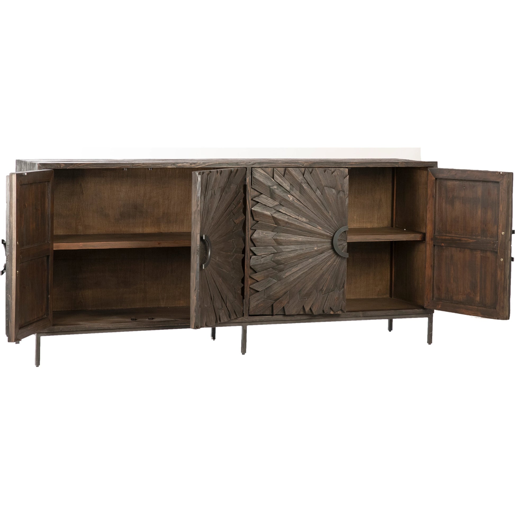 Easton Sunburst Sideboard by Arch & Plane in light brown, white, natural and whitewash, antique iron finish. Made from reclaimed pine wood, iron in a modern style.