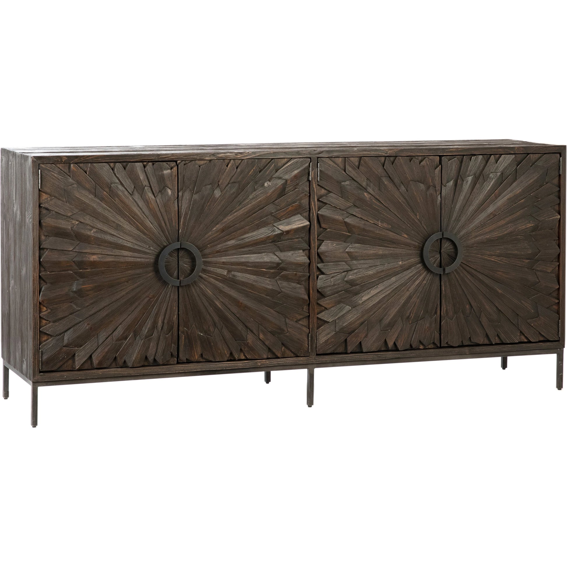Easton Sunburst Sideboard by Arch & Plane in light brown, white, natural and whitewash, antique iron finish. Made from reclaimed pine wood, iron in a modern style.