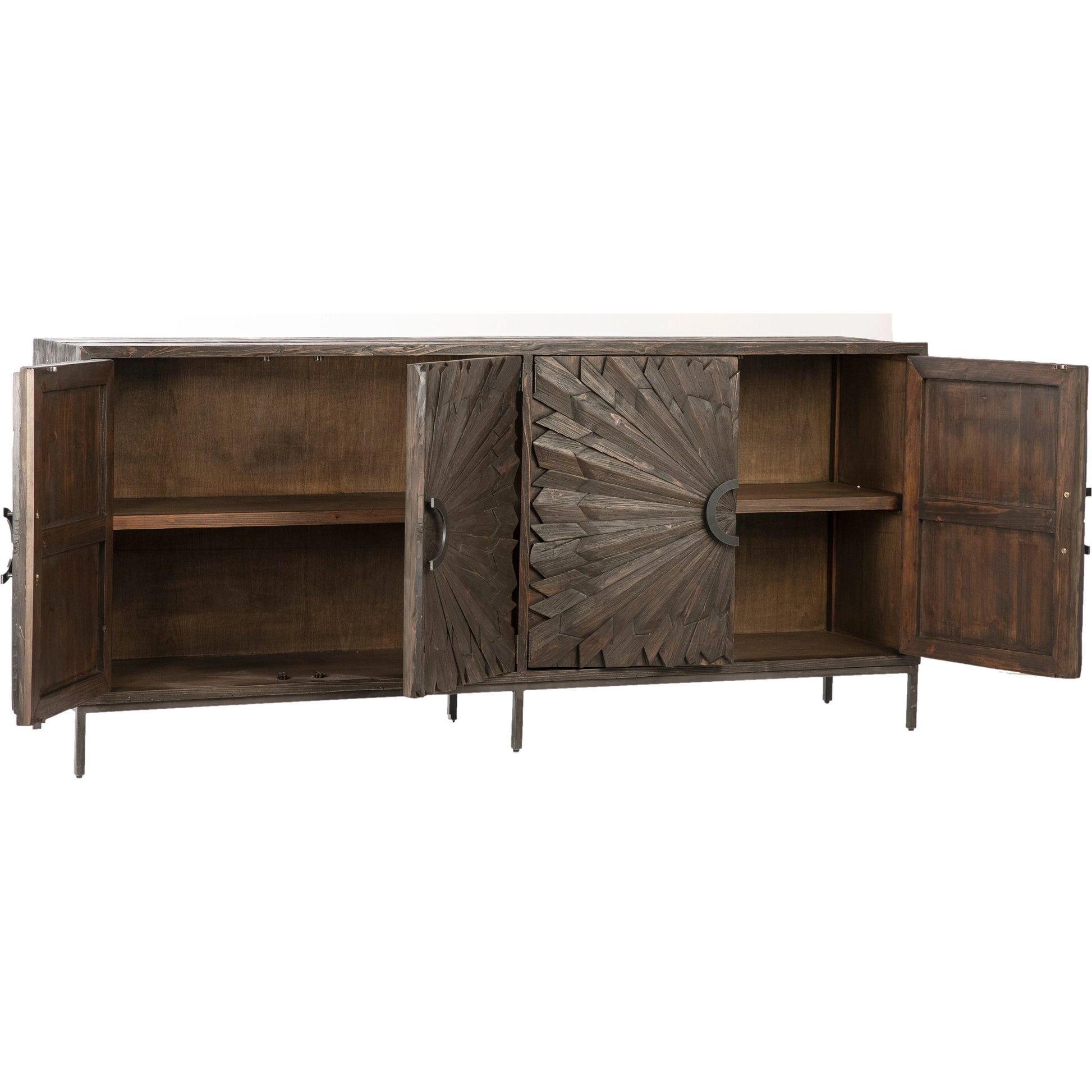 Easton Sunburst Sideboard by Arch & Plane in light brown, white, natural and whitewash, antique iron finish. Made from reclaimed pine wood, iron in a modern style.