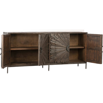 Easton Sunburst Sideboard by Arch & Plane in light brown, white, natural and whitewash, antique iron finish. Made from reclaimed pine wood, iron in a modern style.