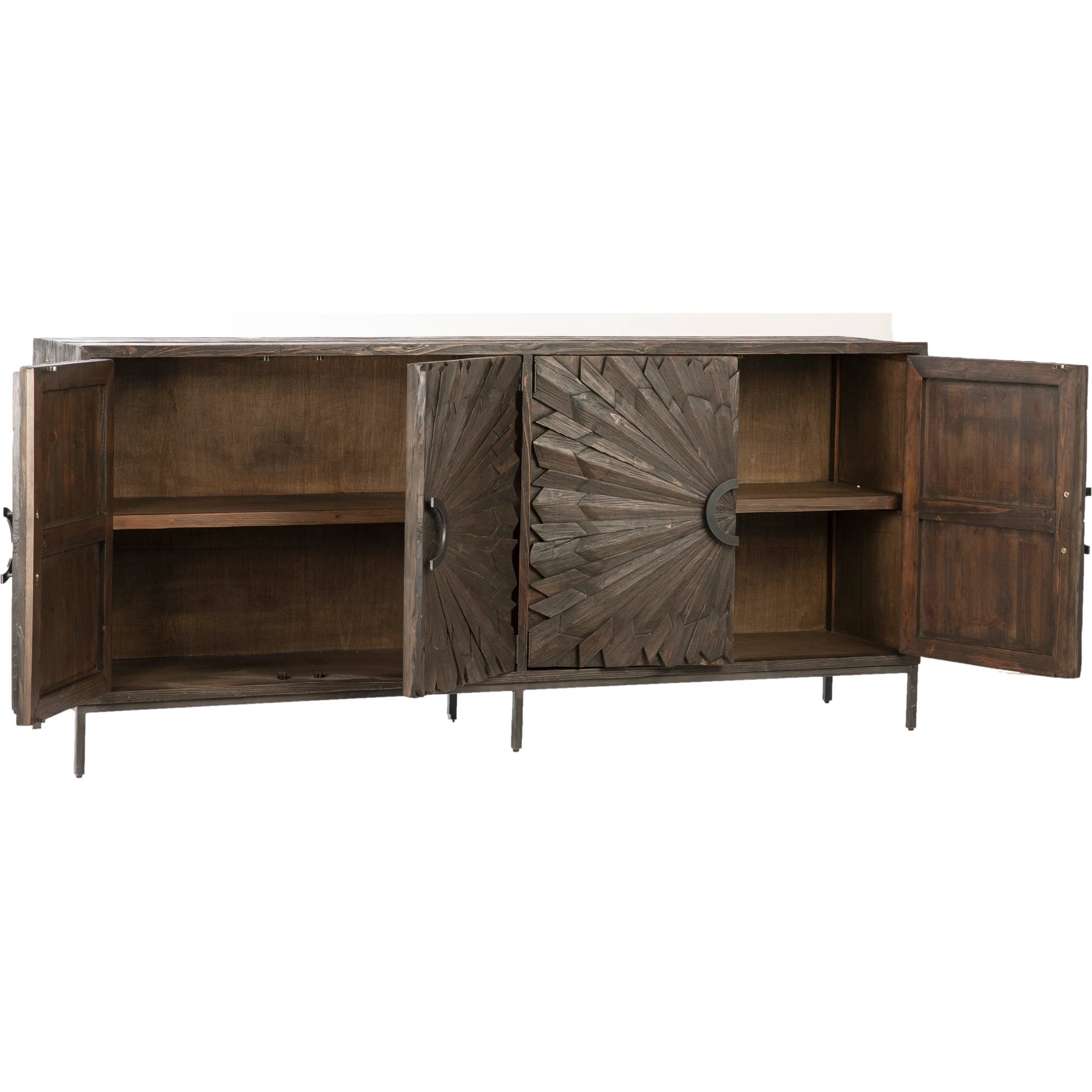 Easton Sunburst Sideboard by Arch & Plane in light brown, white, natural and whitewash, antique iron finish. Made from reclaimed pine wood, iron in a modern style.