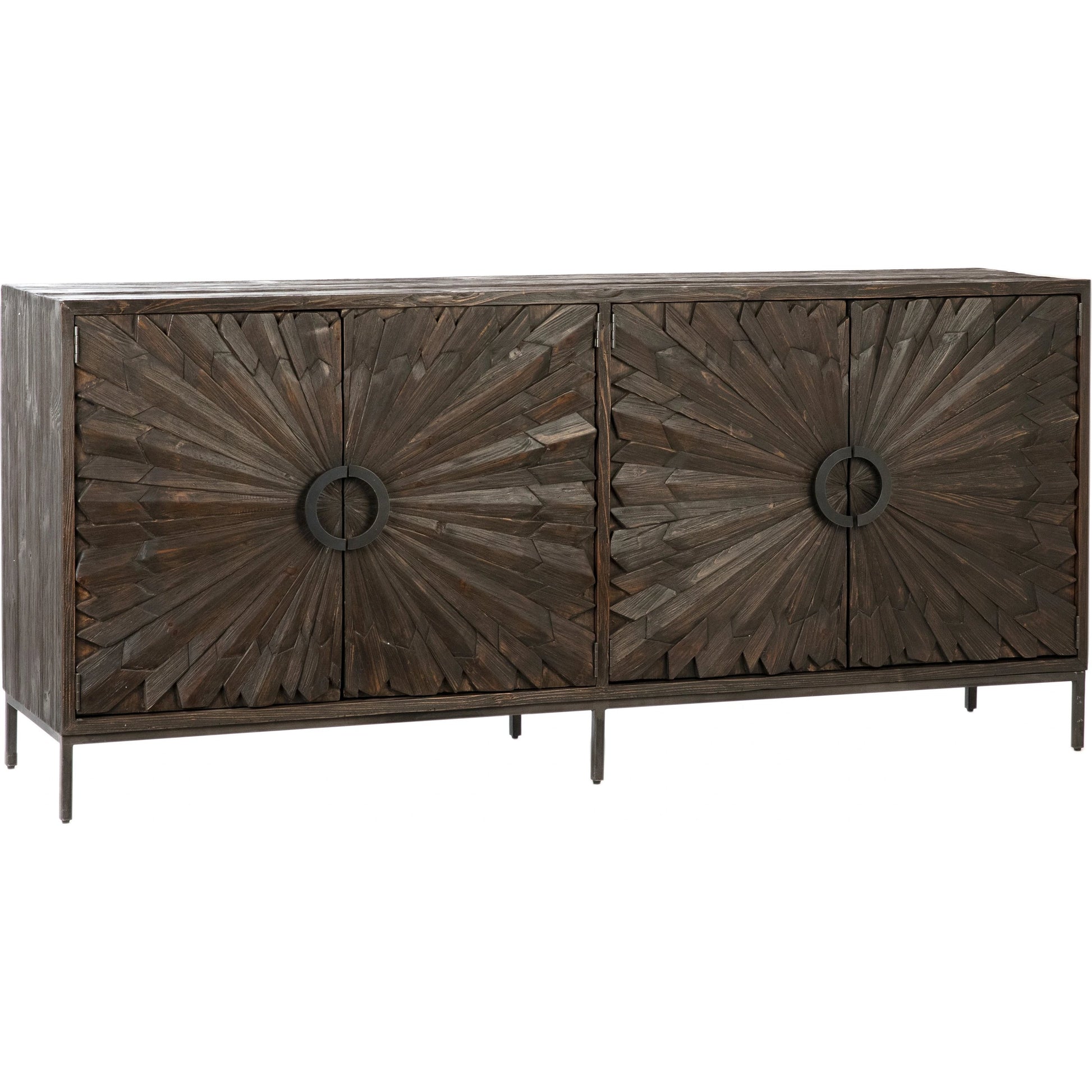 Easton Sunburst Sideboard by Arch & Plane in light brown, white, natural and whitewash, antique iron finish. Made from reclaimed pine wood, iron in a modern style.