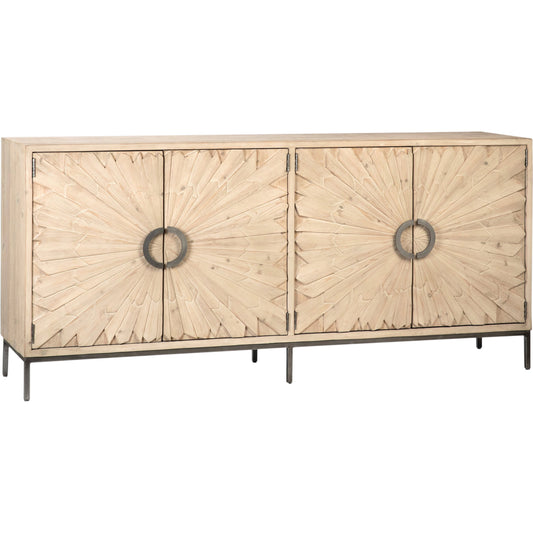 Easton Sunburst Sideboard by Arch & Plane in light brown, white, natural and whitewash, antique iron finish. Made from reclaimed pine wood, iron in a modern style.