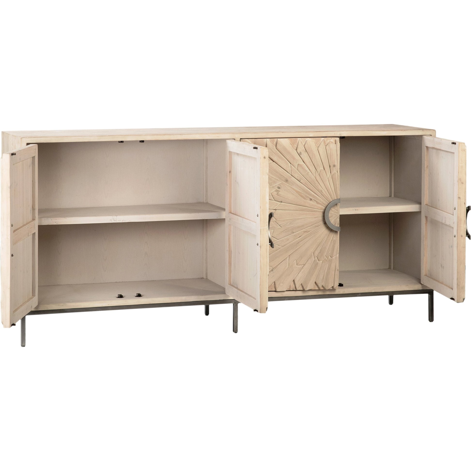 Easton Sunburst Sideboard by Arch & Plane in light brown, white, natural and whitewash, antique iron finish. Made from reclaimed pine wood, iron in a modern style.