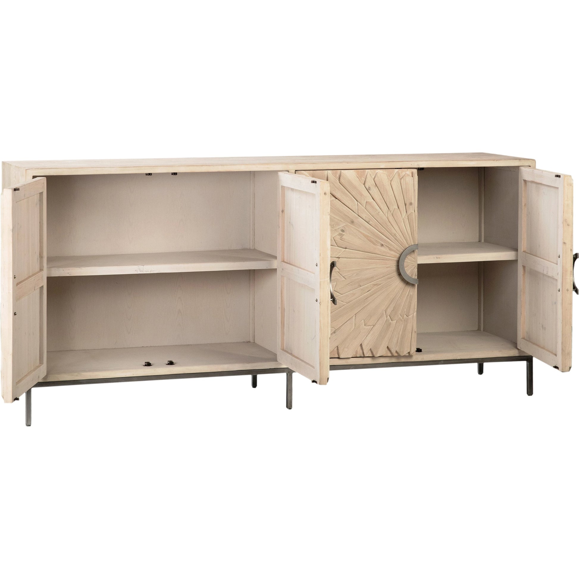 Easton Sunburst Sideboard by Arch & Plane in light brown, white, natural and whitewash, antique iron finish. Made from reclaimed pine wood, iron in a modern style.
