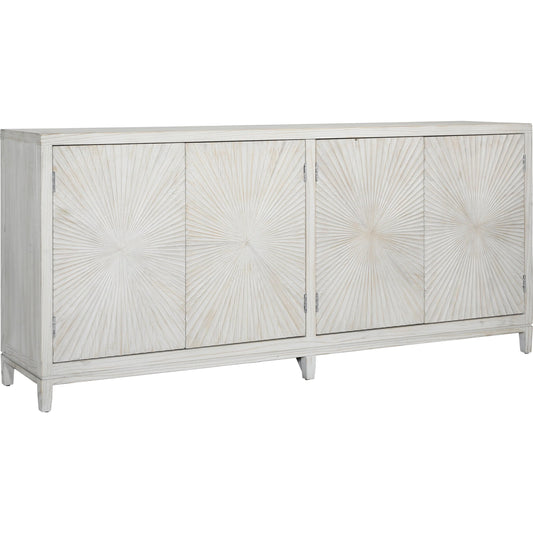 Letitia Hand Carved Pine 4-Door Sideboard by Arch & Plane in light wash brown. Made from pine in a modern style.